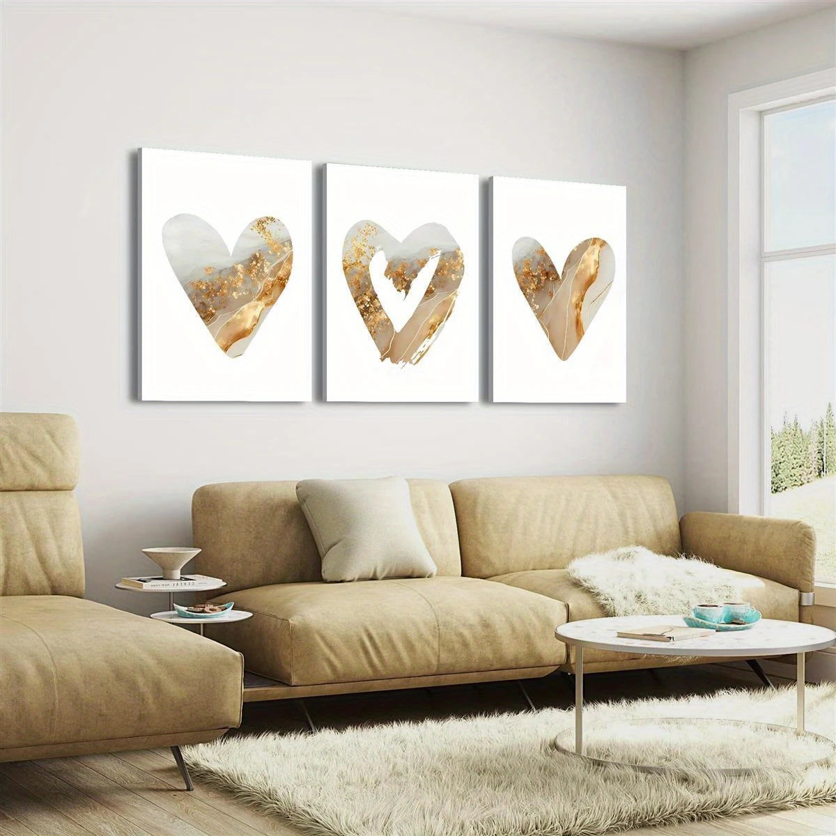 3pcs Beige And Golden Theme, Heart Motifs, Golden Accents Metal Print Ready to Hang Art