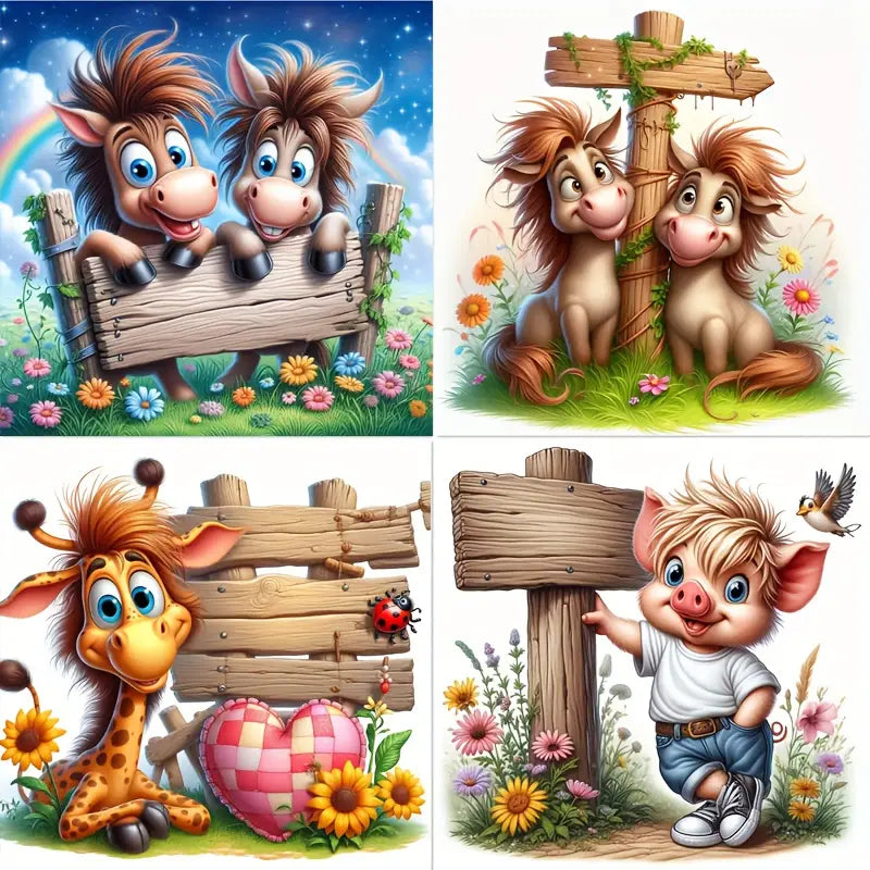 4pcs Spring Atmosphere, Calf Flowers, Animals  Wall Art Canvas Framed