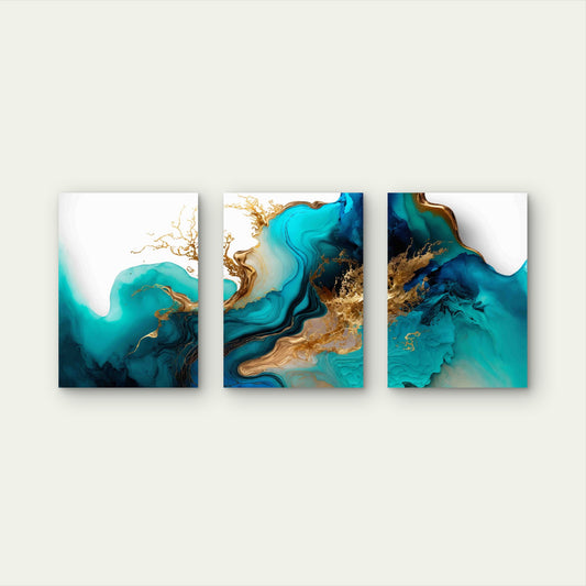 3pcs Vibrant Blue and Metallic Swirls Metal Print Ready to Hang Art