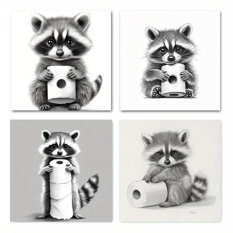 4pcs Charming Raccoon & Toilet Paper Wall Art Canvas Framed