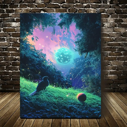 Surreal Parrot & Ball in Lush Green Meadow 40x60cm Metal Print Ready to Hang