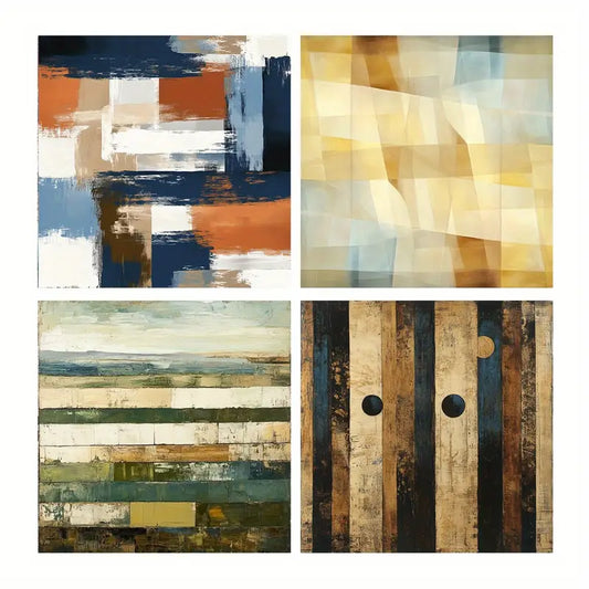 4pcs  Blue, Orange, Gray & Brown Color Block Desi Wall Art Canvas Framed
