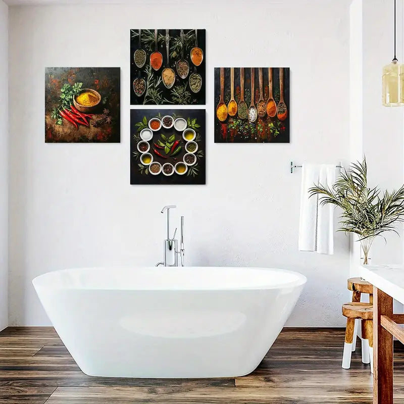 4pcs  Floral Spice & Herb Themed Posters Wall Art Canvas Framed