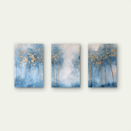 3pcs Abstract Blue Gold Tree Forest Painting Wall Art Set Canvas Framed 50x70cm - High Quality Print 100% Australian Made Wall Canvas Ready to Hang