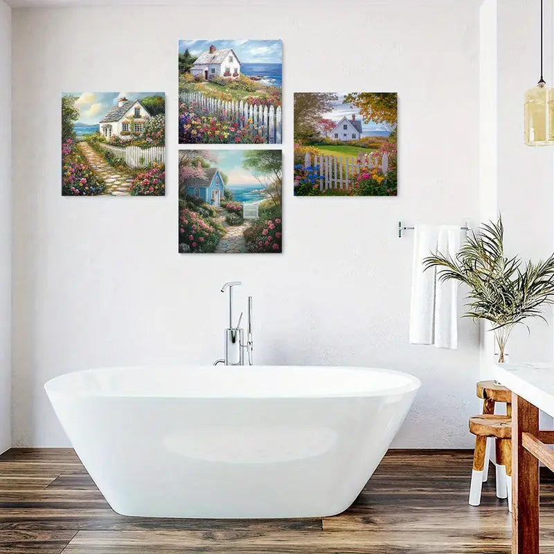 4pcs White Fence, Garden Decor Wall Art Canvas Framed