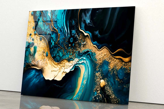 Blue and Gold Abstract Acrylic Glass Print Tempered Glass Wall Art 100% Made in Australia Ready to Hang