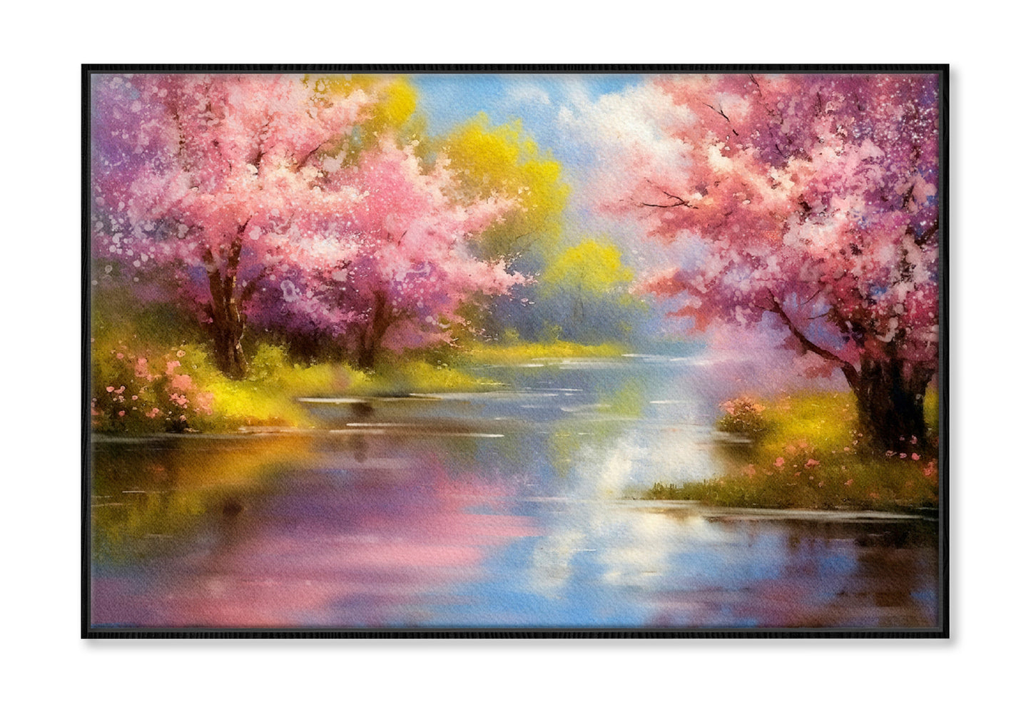 Blooming Sakura Trees on the River Oil Painting Wall Art Limited Edition High Quality Print Canvas Box Framed Black