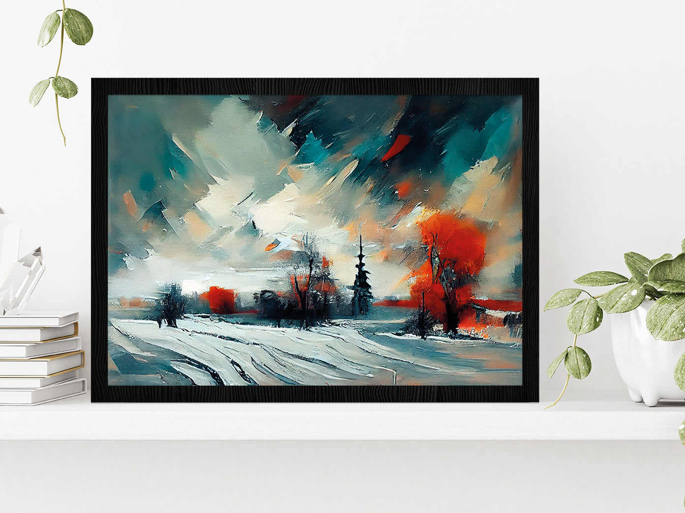 Abstract Forest, Snowy Trees & Field Glass Framed Wall Art, Ready to Hang Quality Print Without White Border Black