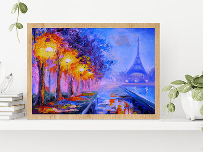 Eiffel Tower In France, Night Scene Glass Framed Wall Art, Ready to Hang Quality Print Without White Border Oak