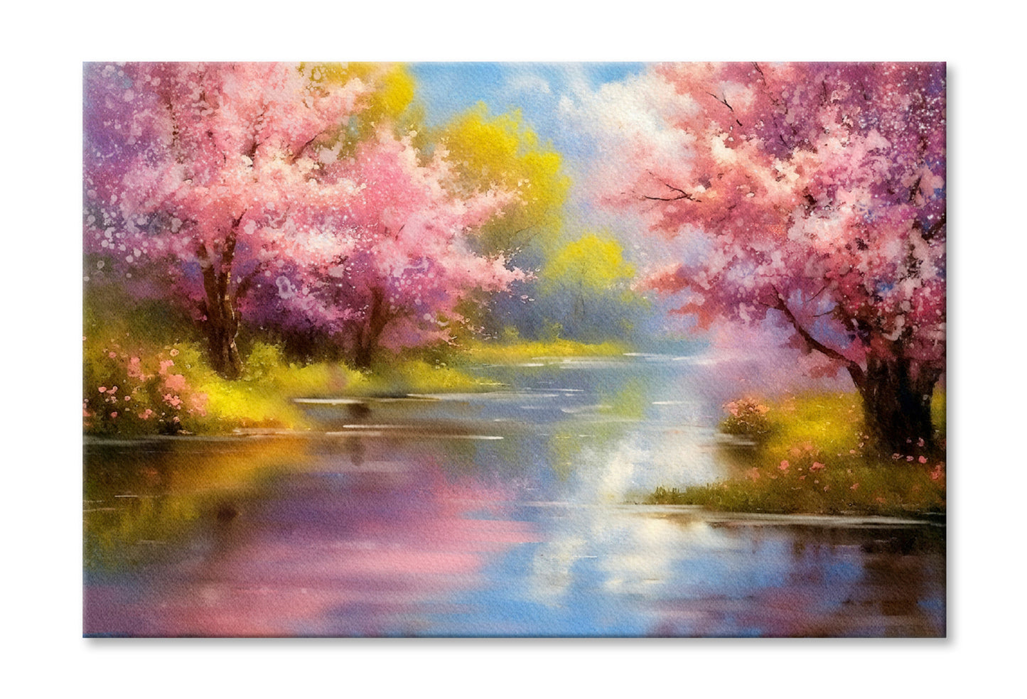 Blooming Sakura Trees on the River Oil Painting Wall Art Limited Edition High Quality Print Stretched Canvas None