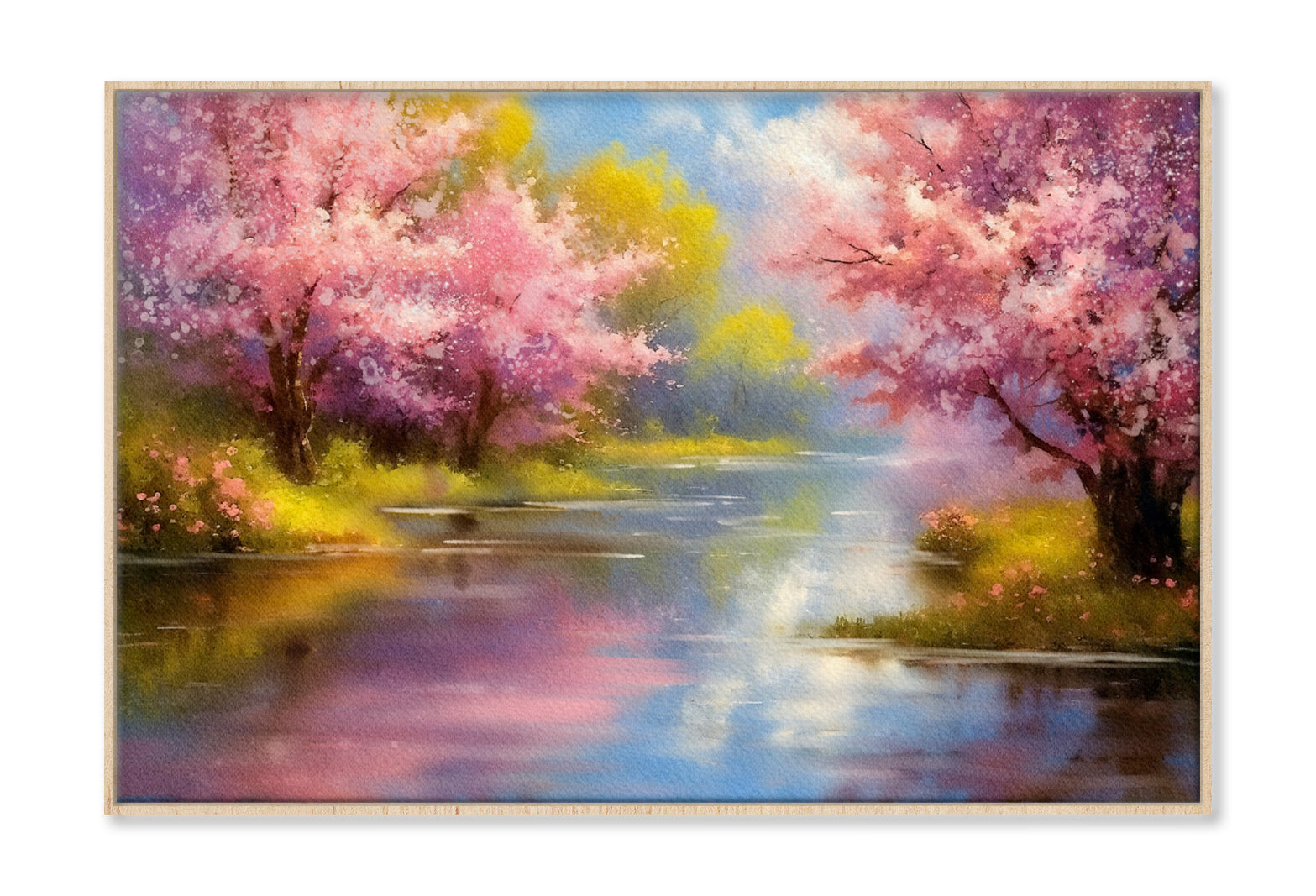 Blooming Sakura Trees on the River Oil Painting Wall Art Limited Edition High Quality Print Canvas Box Framed Natural