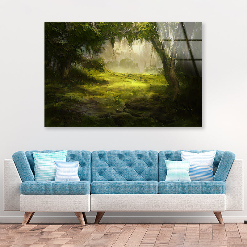 A Foggy Forest Scene with Trees and Grass Acrylic Glass Print Tempered Glass Wall Art 100% Made in Australia Ready to Hang