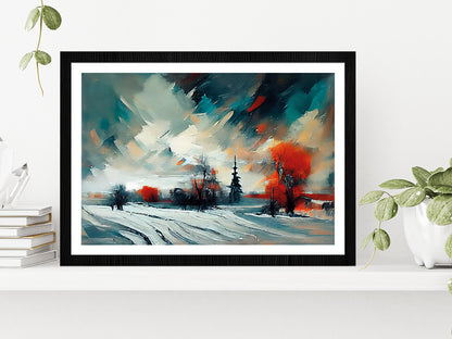 Abstract Forest, Snowy Trees & Field Glass Framed Wall Art, Ready to Hang Quality Print With White Border Black