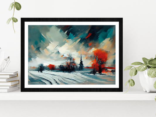 Abstract Forest, Snowy Trees & Field Glass Framed Wall Art, Ready to Hang Quality Print With White Border Black