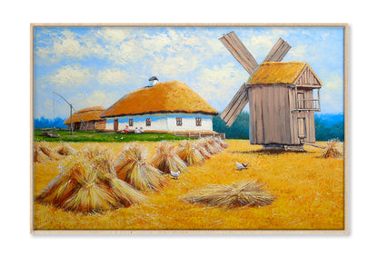 Old Village, Field, Windmill Oil Painting Wall Art Limited Edition High Quality Print Canvas Box Framed Natural