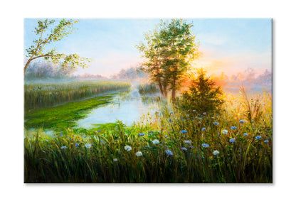 Misty Sunrise Over Lake Oil Painting Wall Art Limited Edition High Quality Print Stretched Canvas None