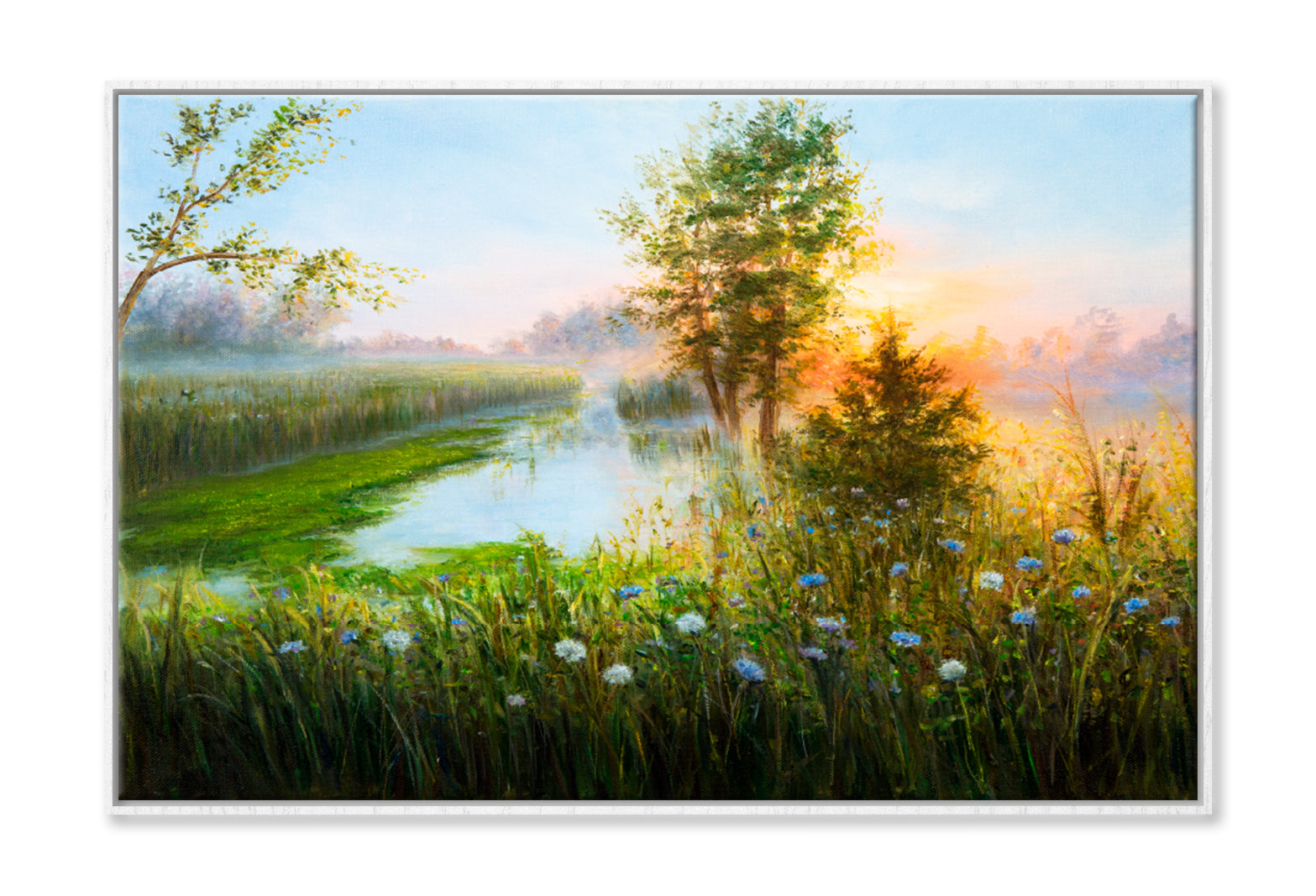 Misty Sunrise Over Lake Oil Painting Wall Art Limited Edition High Quality Print Canvas Box Framed White