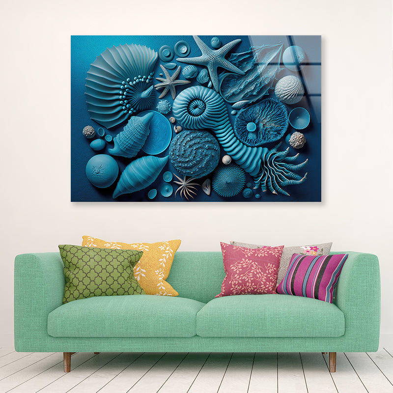 Group of Blue and White Shells Acrylic Glass Print Tempered Glass Wall Art 100% Made in Australia Ready to Hang