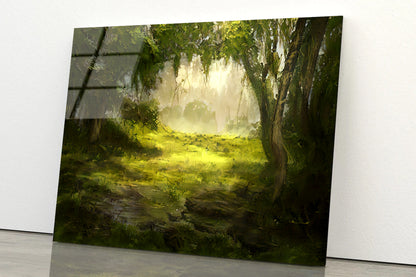 A Foggy Forest Scene with Trees and Grass Acrylic Glass Print Tempered Glass Wall Art 100% Made in Australia Ready to Hang