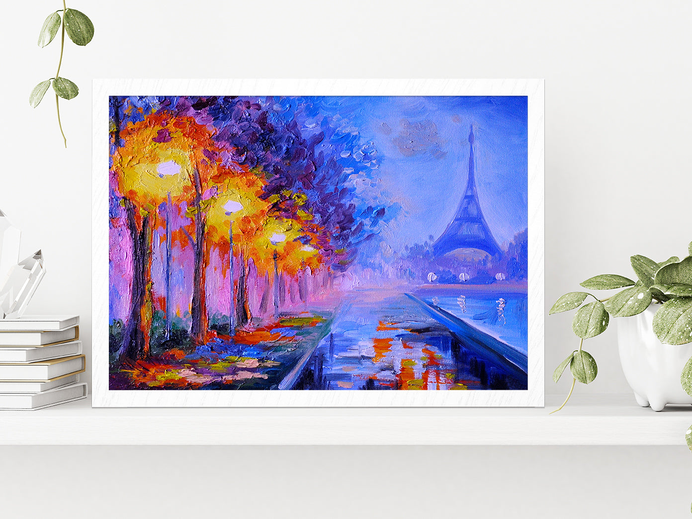 Eiffel Tower In France, Night Scene Glass Framed Wall Art, Ready to Hang Quality Print Without White Border White