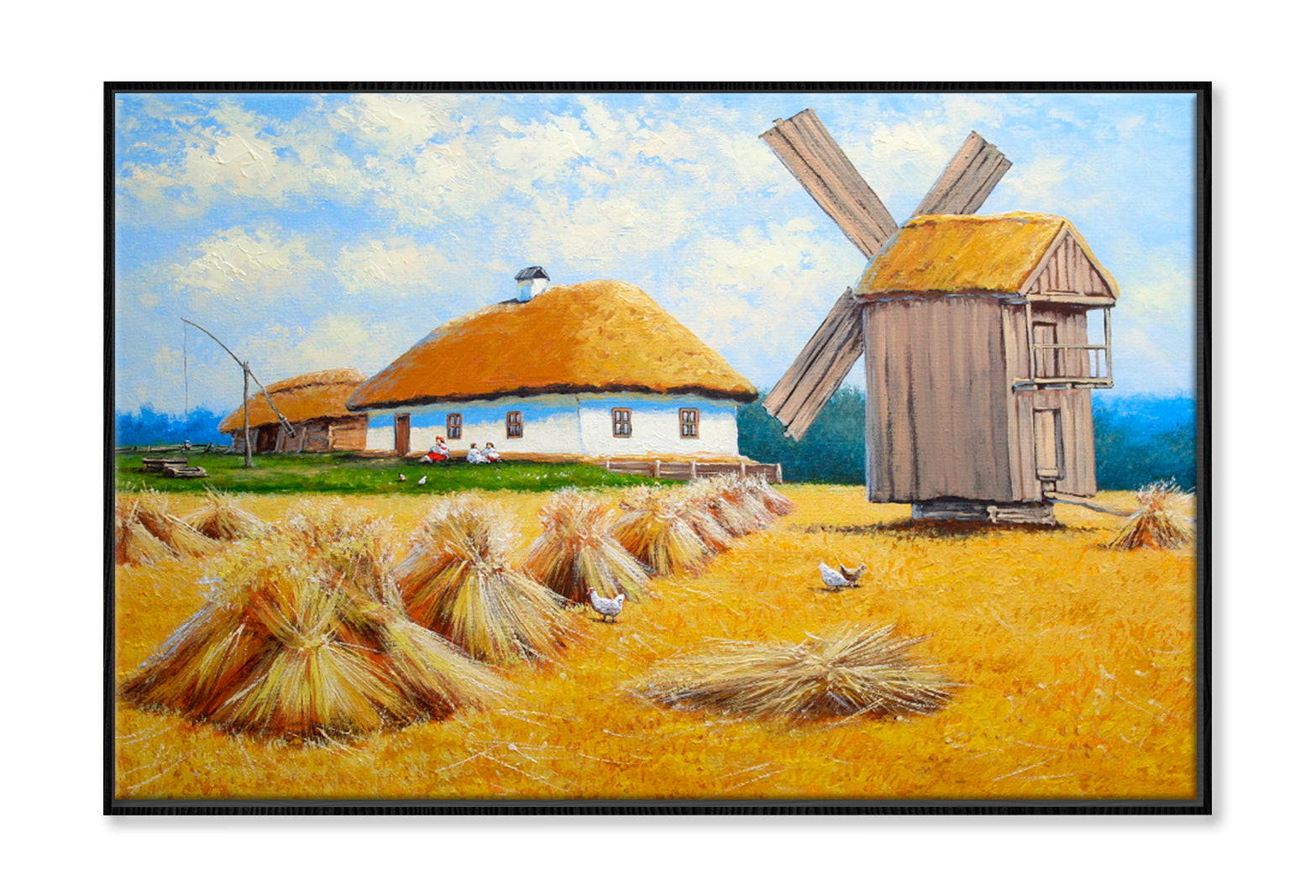 Old Village, Field, Windmill Oil Painting Wall Art Limited Edition High Quality Print Canvas Box Framed Black