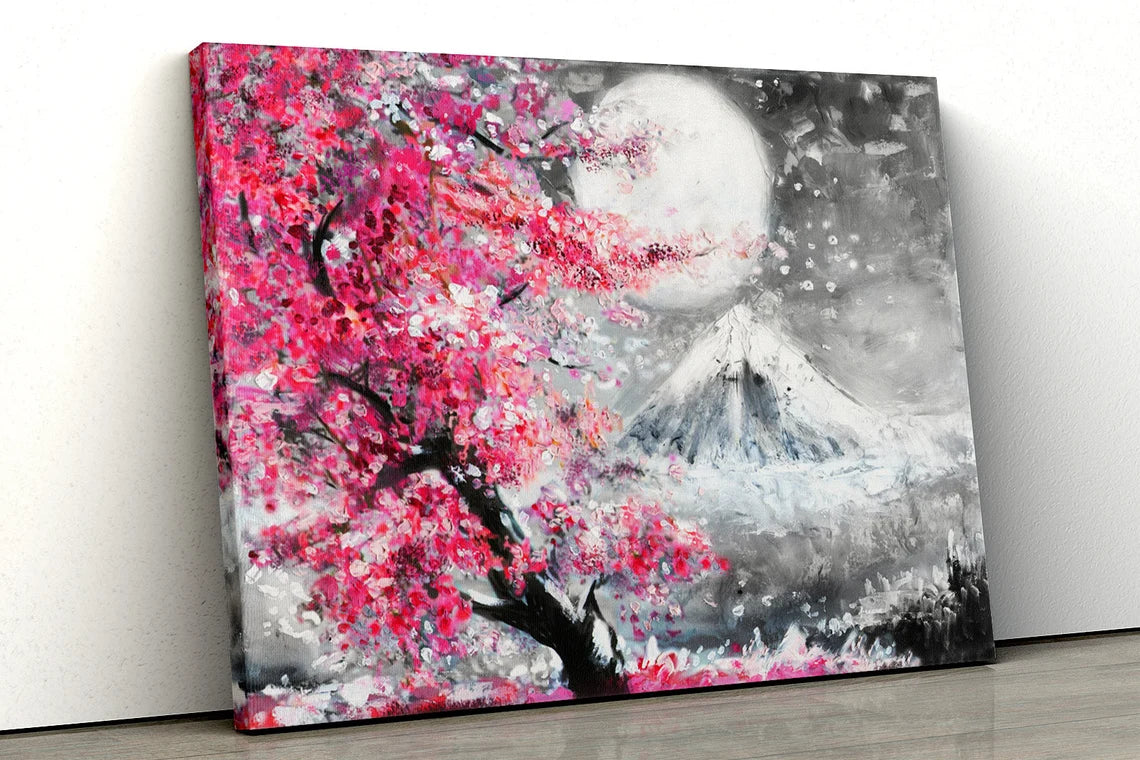 Japanese Pink blossom tree black white Mountain UV Direct Aluminum Print Australian Made Quality