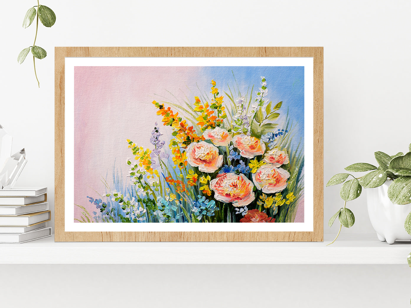 Bouquet Of Summer Flowers Glass Framed Wall Art, Ready to Hang Quality Print With White Border Oak