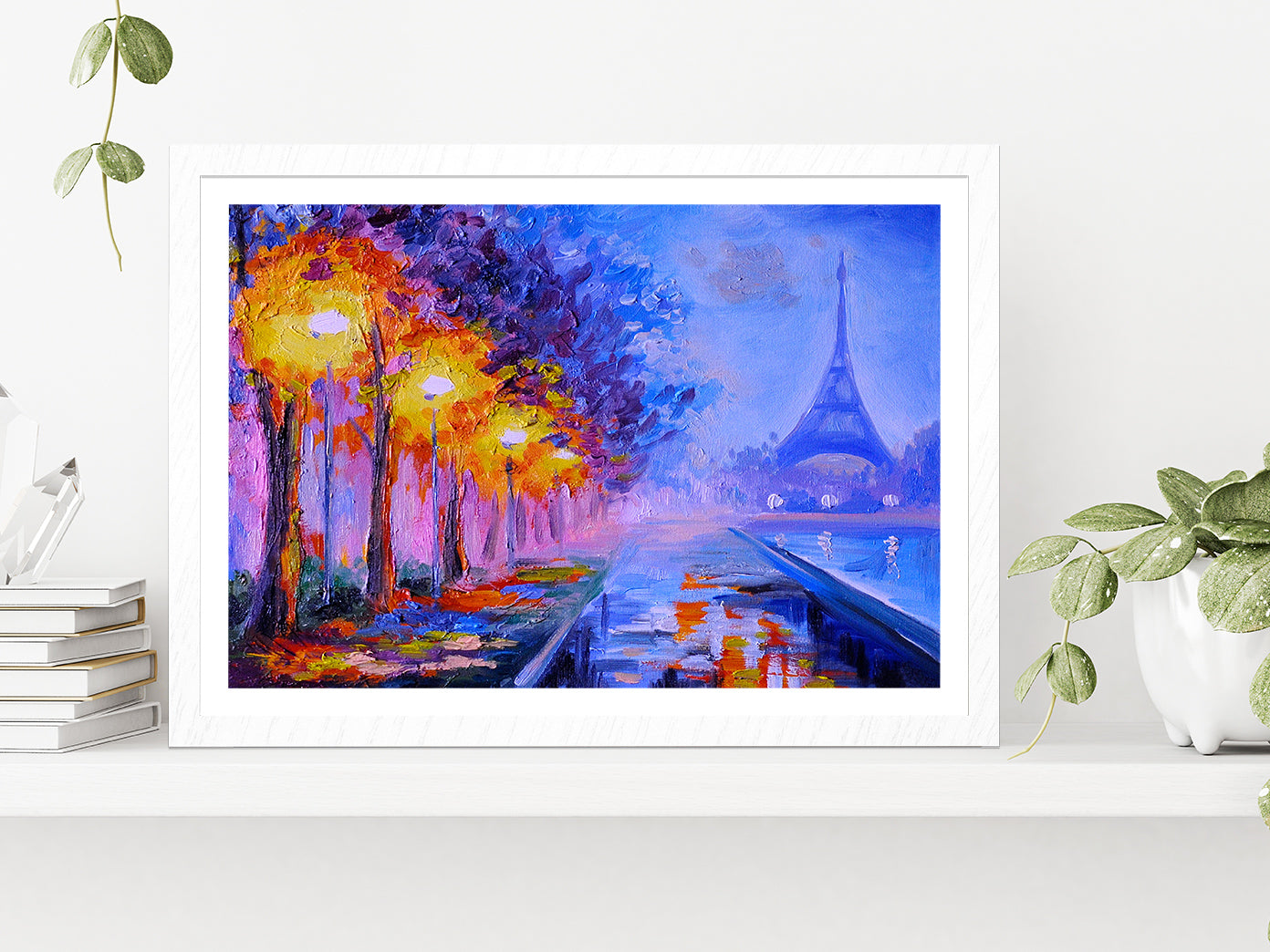 Eiffel Tower In France, Night Scene Glass Framed Wall Art, Ready to Hang Quality Print With White Border White