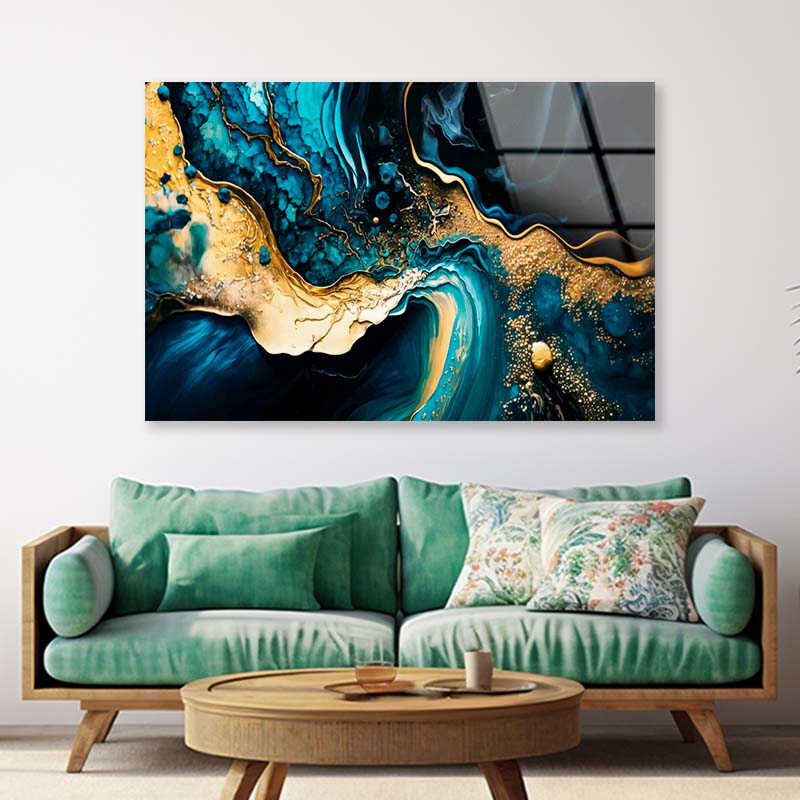 Blue and Gold Abstract Acrylic Glass Print Tempered Glass Wall Art 100% Made in Australia Ready to Hang