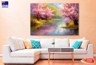 Blooming Sakura Trees on the River Oil Painting Wall Art Limited Edition High Quality Print