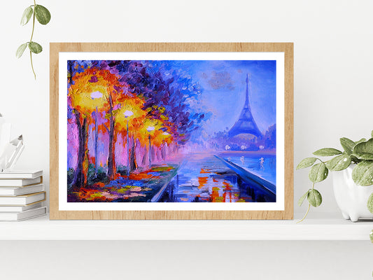 Eiffel Tower In France, Night Scene Glass Framed Wall Art, Ready to Hang Quality Print With White Border Oak