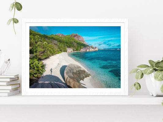 Beach Of Seychelles In La Digue Glass Framed Wall Art, Ready to Hang Quality Print With White Border White