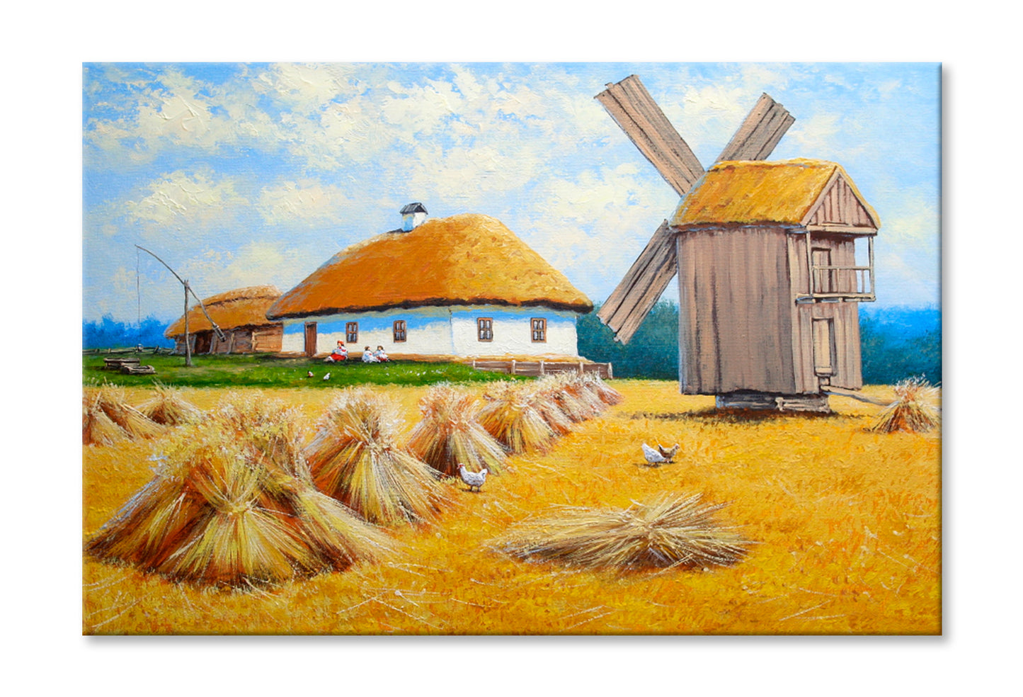 Old Village, Field, Windmill Oil Painting Wall Art Limited Edition High Quality Print Stretched Canvas None