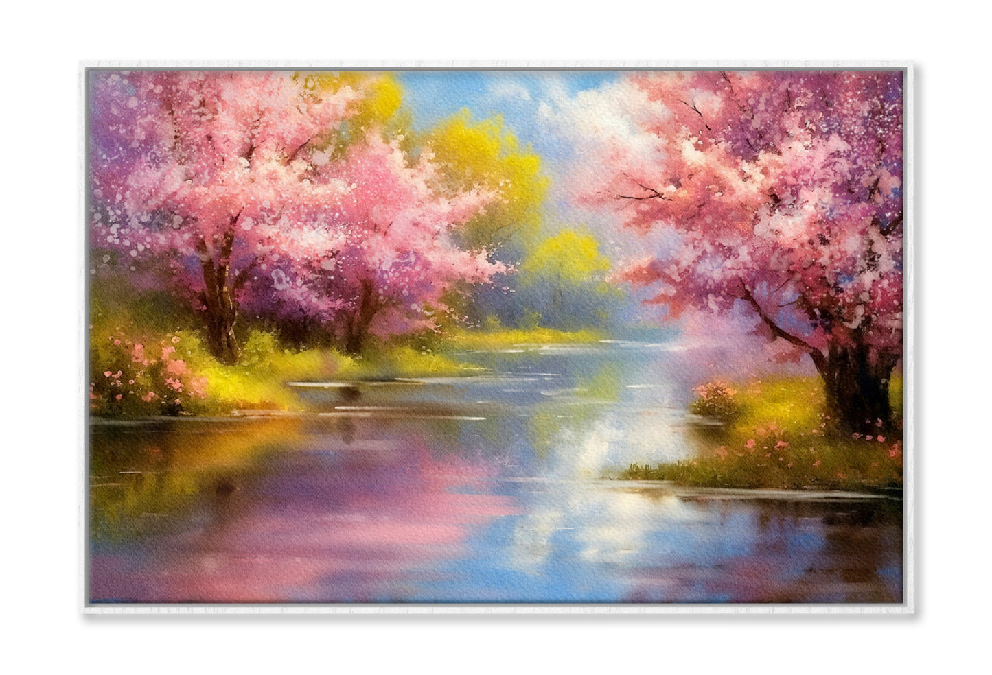 Blooming Sakura Trees on the River Oil Painting Wall Art Limited Edition High Quality Print Canvas Box Framed White