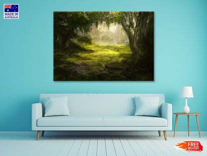 A Foggy Forest Scene with Trees and Grass Print 100% Australian Made