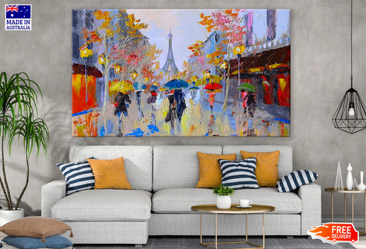 Eiffel Tower Street People Walking with Umbrellas Painting 90x60cm Print 100% Australian Made