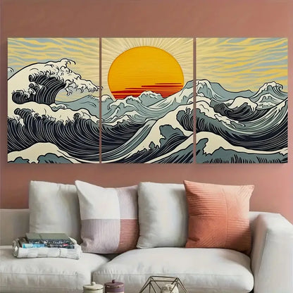 3pcs Sunrise Ocean Waves with Sunset Metal Print Ready to Hang Art