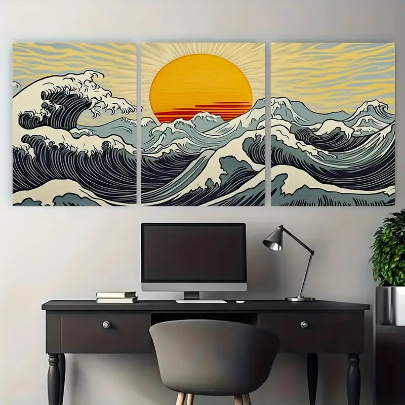 3pcs Sunrise Ocean Waves with Sunset Metal Print Ready to Hang Art