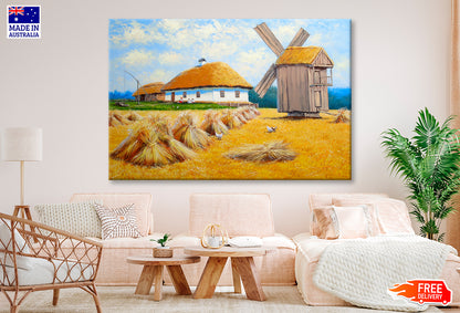 Old Village, Field, Windmill Oil Painting Wall Art Limited Edition High Quality Print