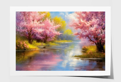 Blooming Sakura Trees on the River Oil Painting Wall Art Limited Edition High Quality Print Unframed Roll Canvas None