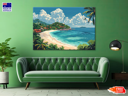 A Beach with a Body of Water with Palm Trees & a Sky Print 100% Australian Made