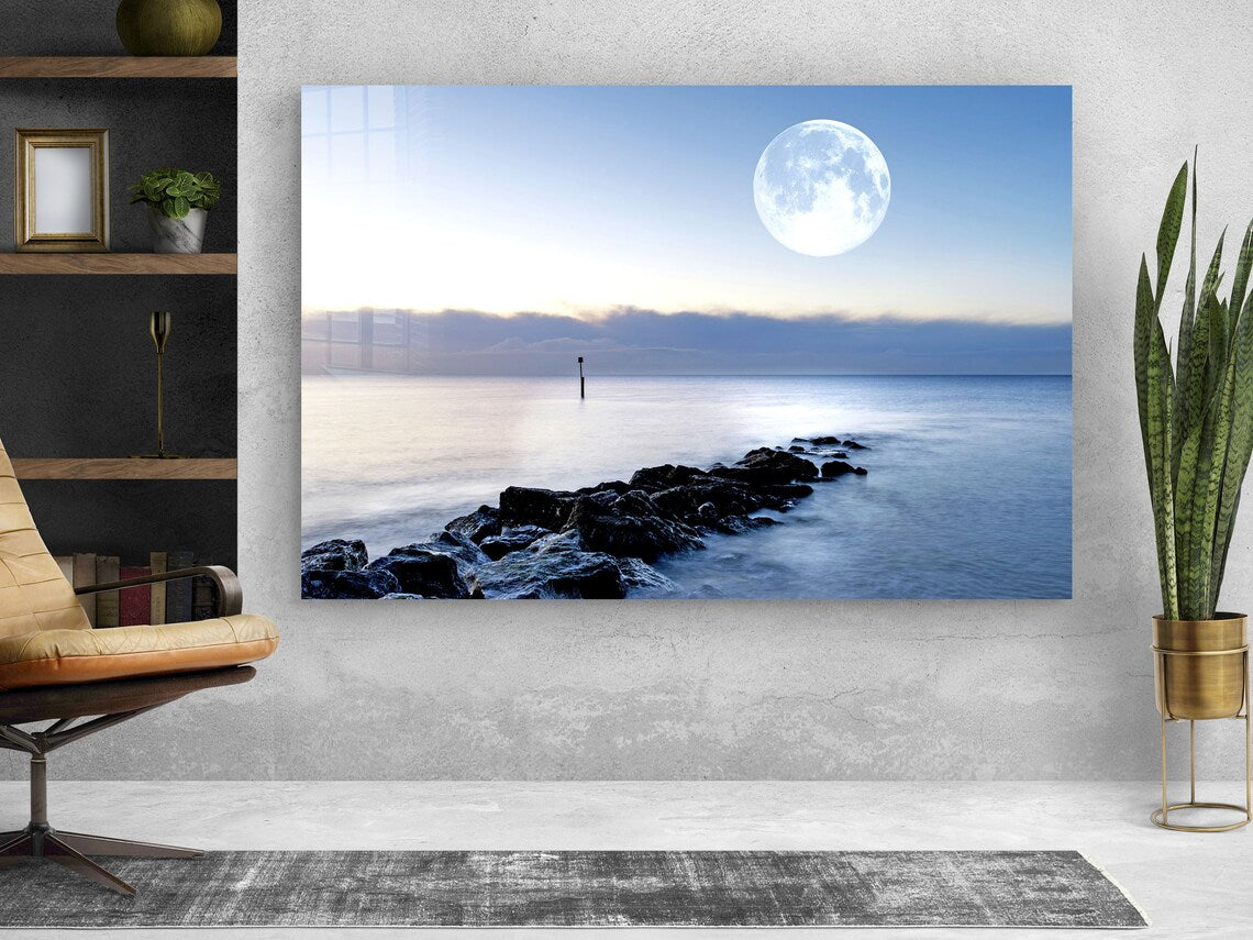 Full Moon Rocky Sea UV Direct Aluminum Print Australian Made Quality