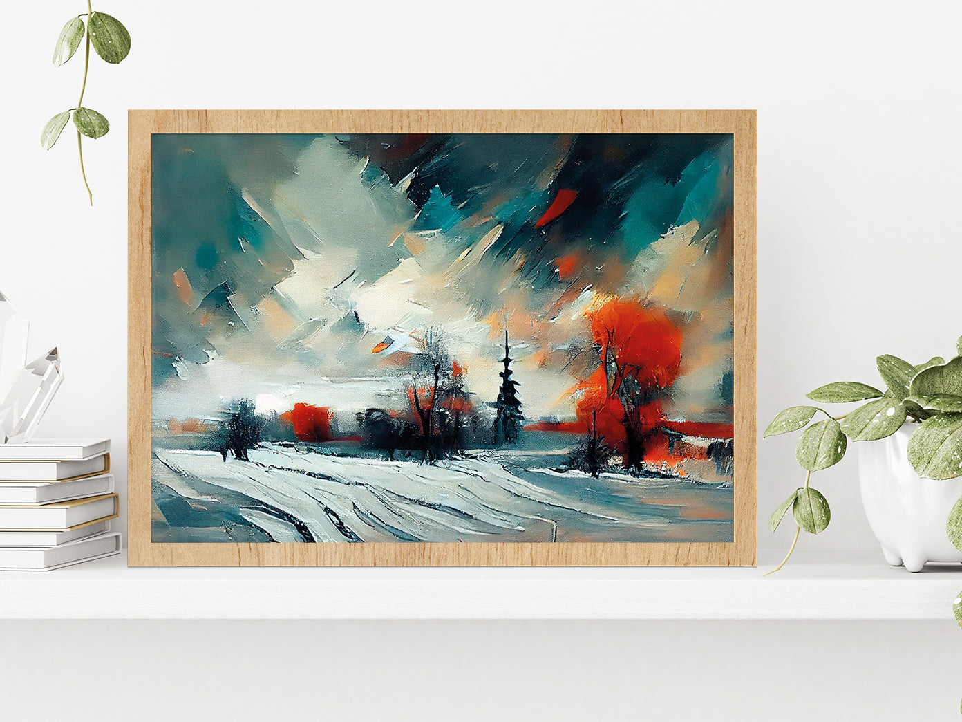 Abstract Forest, Snowy Trees & Field Glass Framed Wall Art, Ready to Hang Quality Print Without White Border Oak