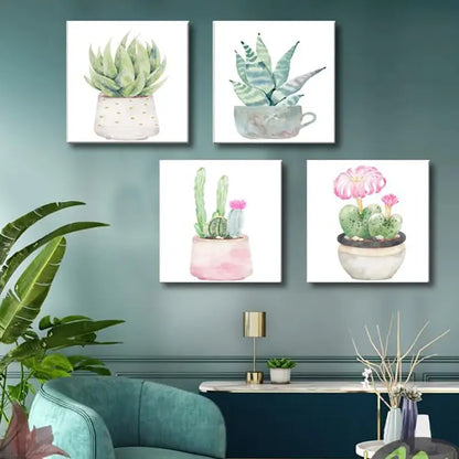 4pcs Green Cactus Pictures  Wall Art Canvas Framed