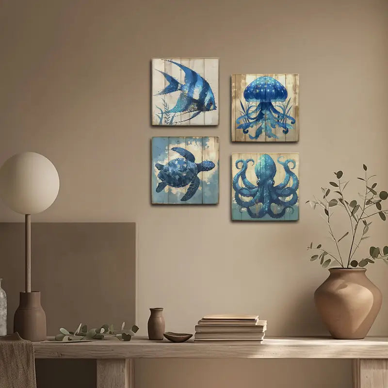 4pcs Blue Sea  Animals Wall Art Canvas Framed