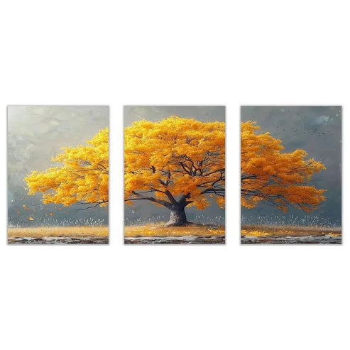 3pcs Modern Yellow Tree Meadow Painting Wall Art Set Canvas Framed 50x70cm - High Quality Print 100% Australian Made Wall Canvas Ready to Hang