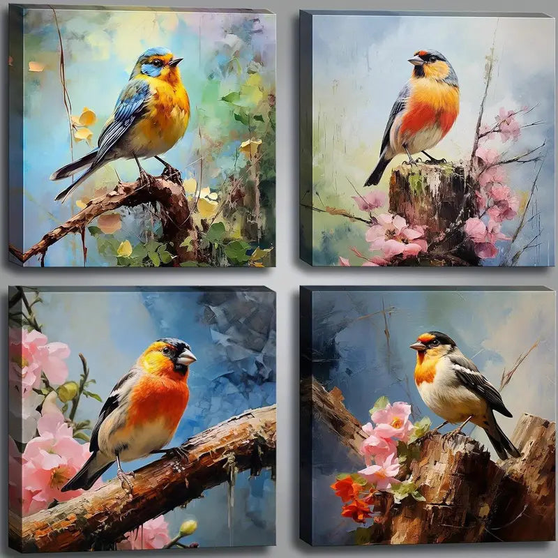 4pcs  Vibrant Nature  Bird Decor  Wall Art Canvas Framed