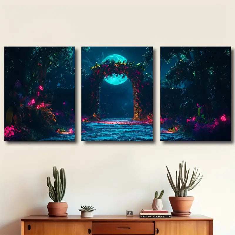 3pcs Moonlit Cedar Forest Wolves Scene Wall Art Set Canvas Framed 60x90cm - High Quality Print 100% Australian Made Wall Canvas Ready to Hang