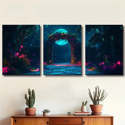 3pcs Moonlit Cedar Forest Wolves Scene Wall Art Set Canvas Framed 60x90cm - High Quality Print 100% Australian Made Wall Canvas Ready to Hang