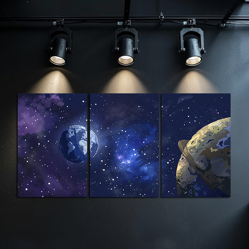 3pcs Earth and Moon in Space Design Wall Art Set Canvas Framed 40x60cm - High Quality Print 100% Australian Made Wall Canvas Ready to Hang